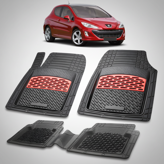 Set of black car floor mats with red accents on a white background, featuring a red car.