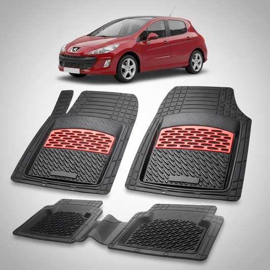Set of black car floor mats with red accents on a white background, featuring a red car.