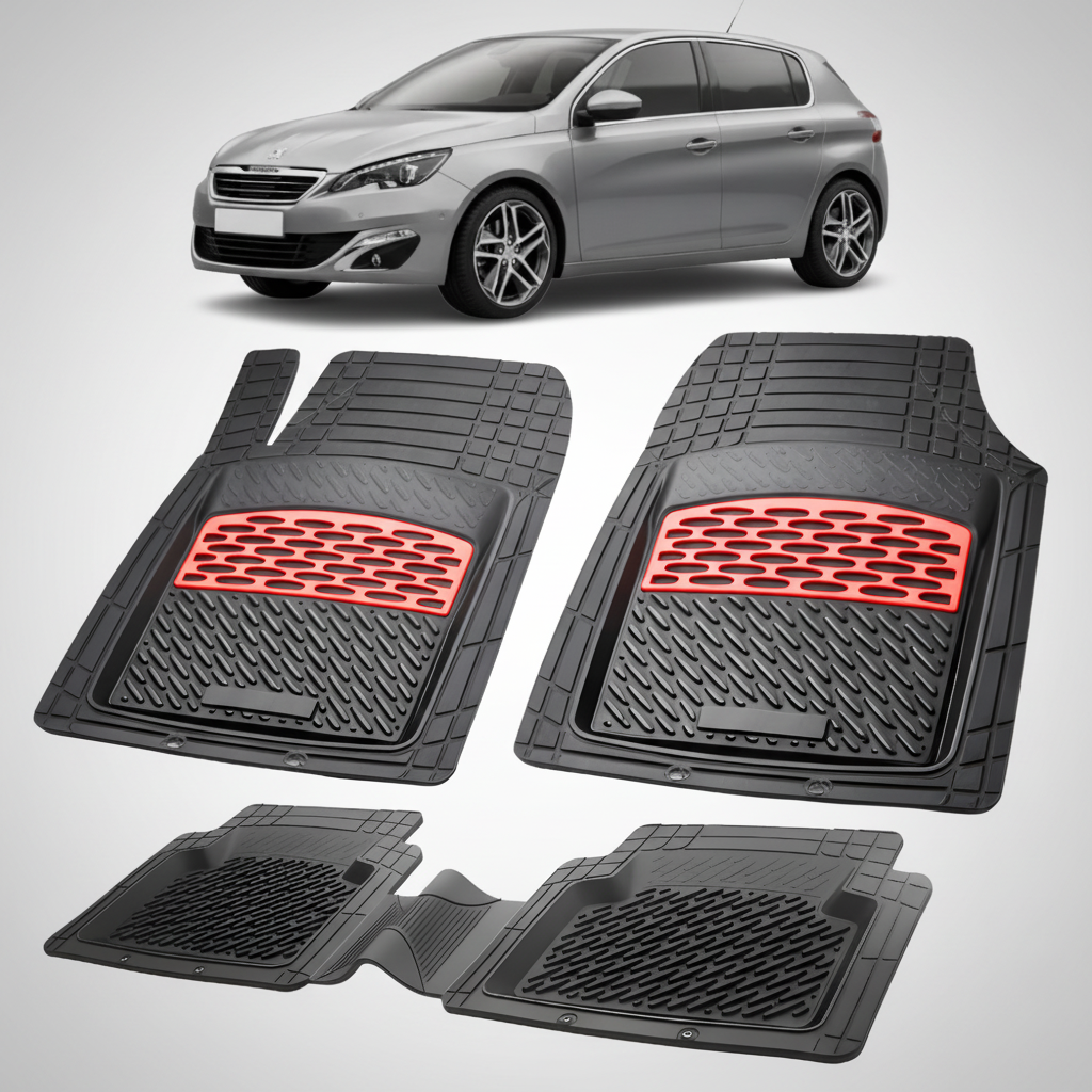 Set of black car floor mats with red accents on a white background, featuring a silver car.