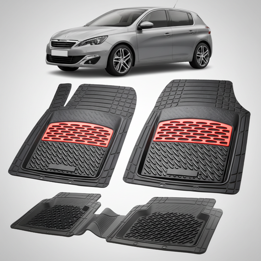 Set of black car floor mats with red accents on a white background, featuring a silver car.
