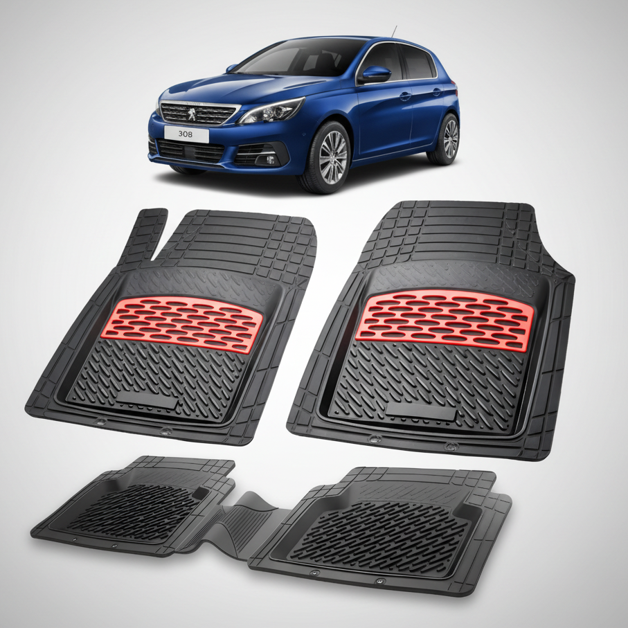 Set of black car floor mats with red accents on a white background, featuring a blue car.