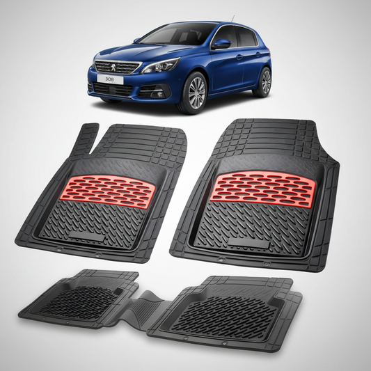Set of black car floor mats with red accents on a white background, featuring a blue car.