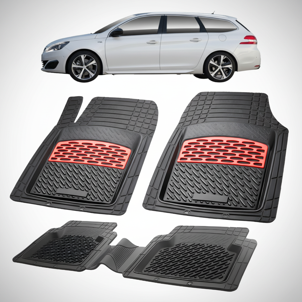 Set of black car floor mats with red accents on a white background, featuring a white car.
