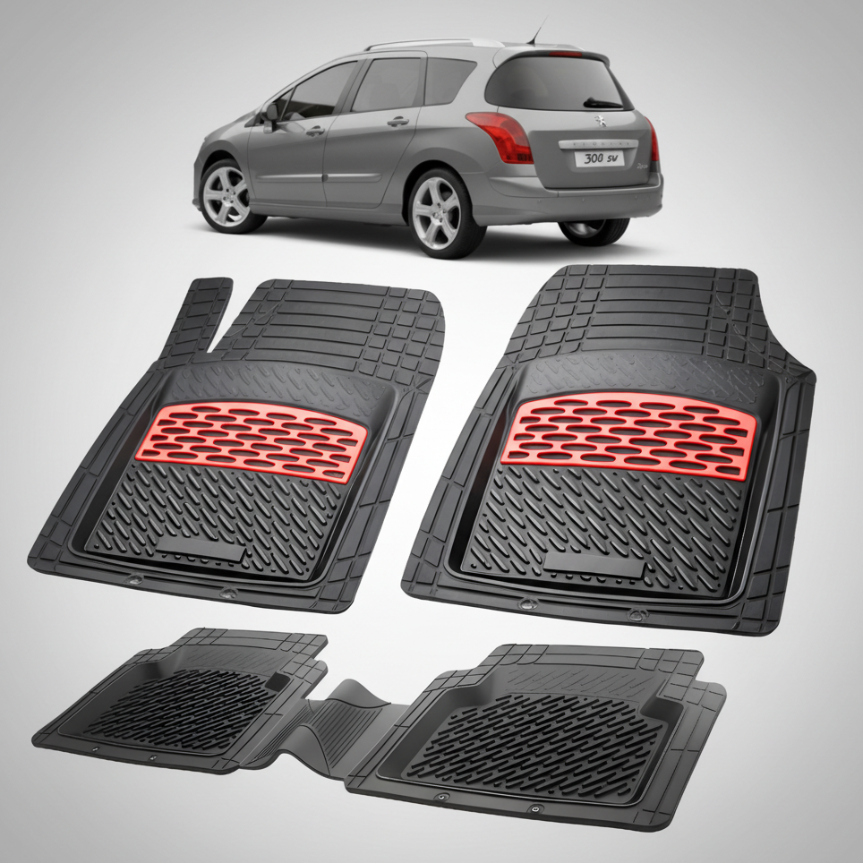 Set of black car floor mats with red accents on a white background, featuring a gray car.