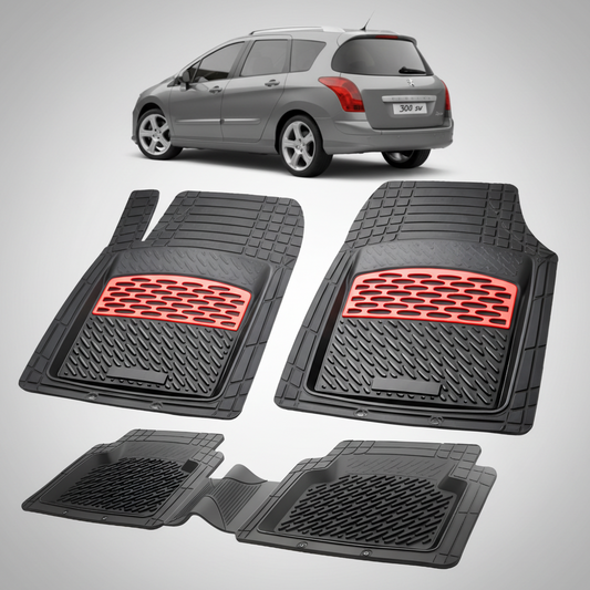 Set of black car floor mats with red accents on a white background, featuring a gray car.