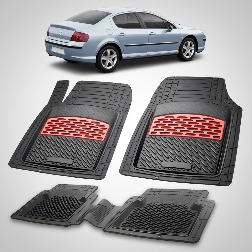 Set of black car floor mats with red accents on a white background, with a blue car partially visible.