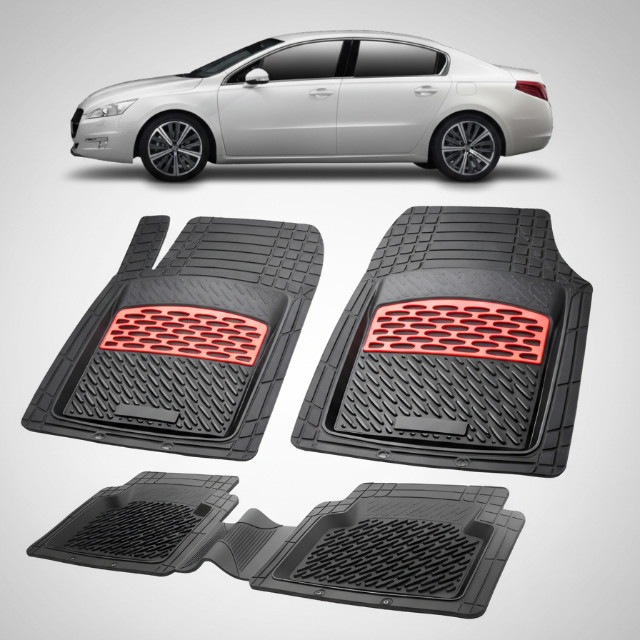 Set of black car floor mats with red accents on a white background, featuring a white car.