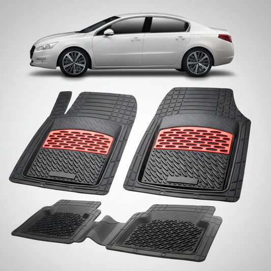 Set of black car floor mats with red accents on a white background, featuring a white car.