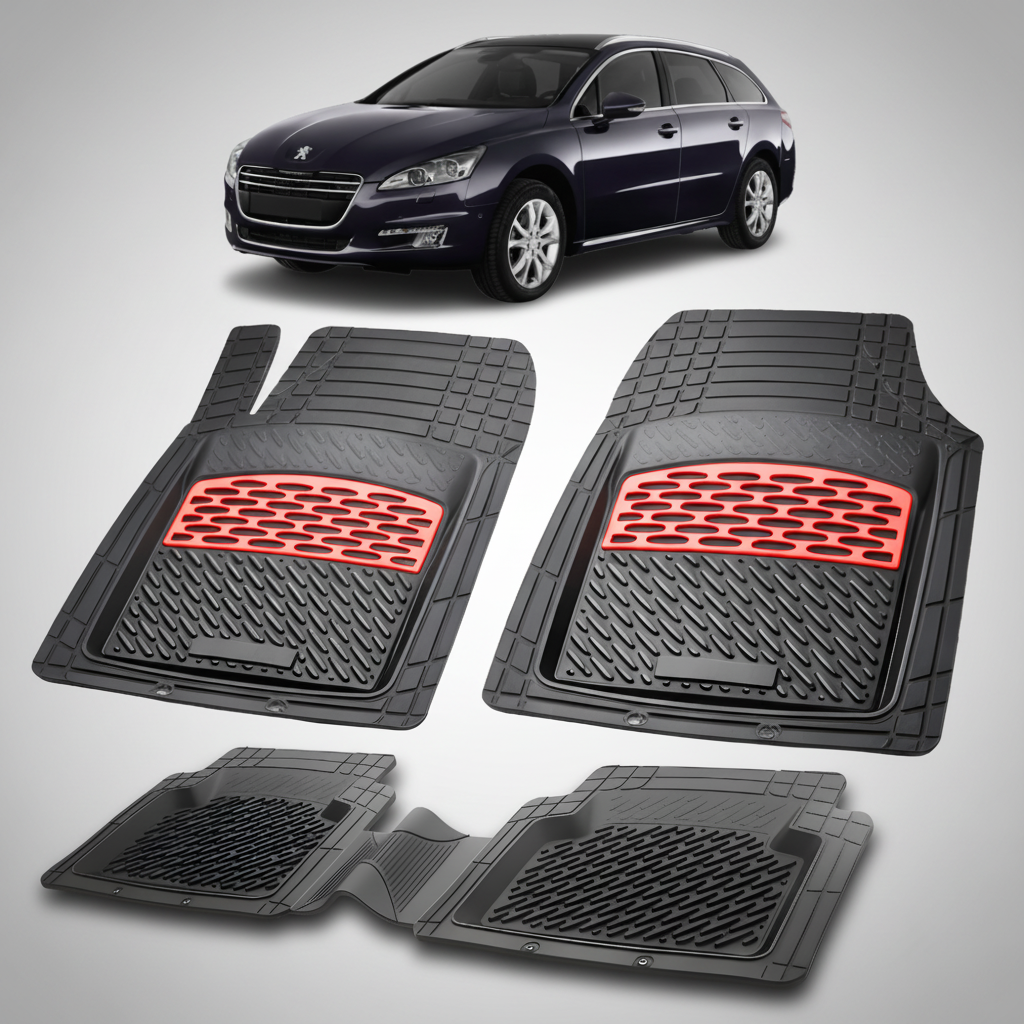 Set of black car floor mats with red accents on a white background, featuring a Peugeot car.