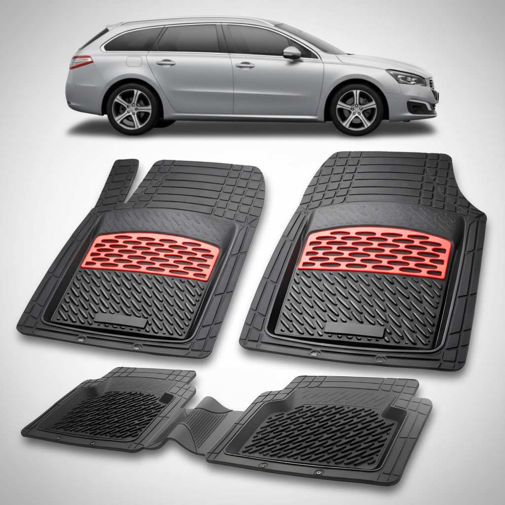 Set of black car floor mats with red accents on a white background, featuring a silver car.