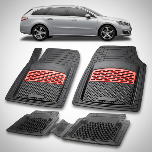 Set of black car floor mats with red accents on a white background, featuring a silver car.