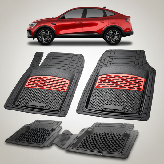 Set of black car floor mats with red accents on a white background, featuring a red SUV.