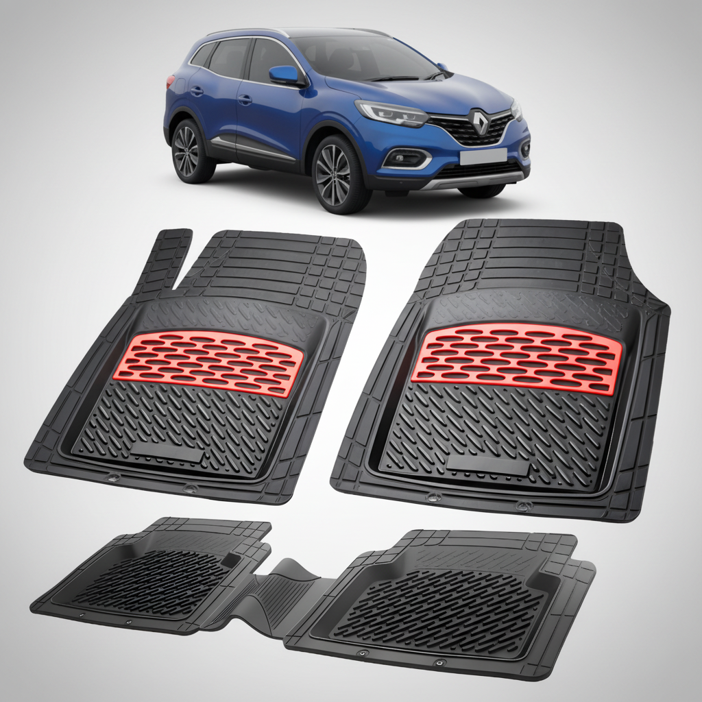 Set of black car floor mats with red accents on a white background, featuring a blue car.