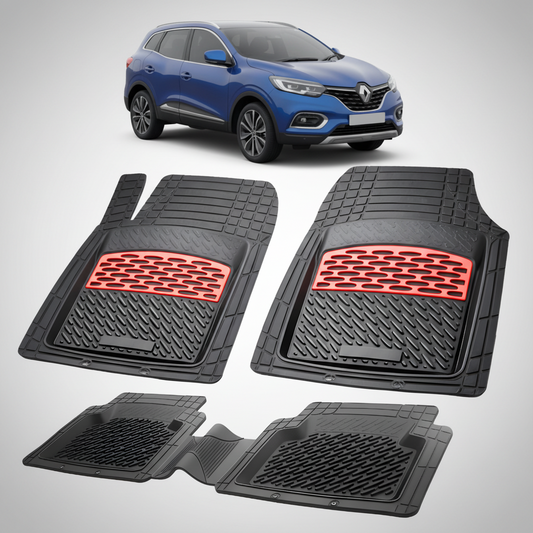 Set of black car floor mats with red accents on a white background, featuring a blue car.