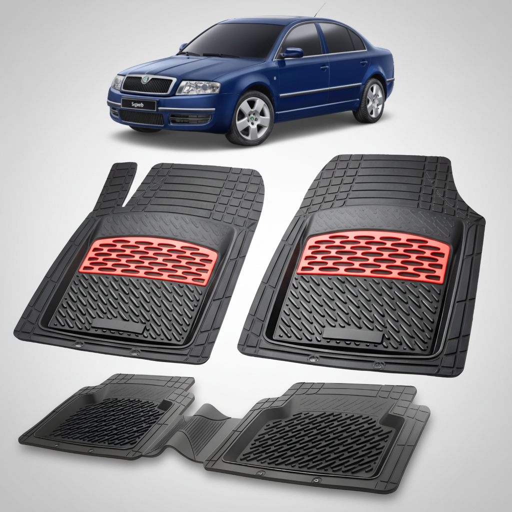Set of black car floor mats with red accents on a white background, featuring a blue car.