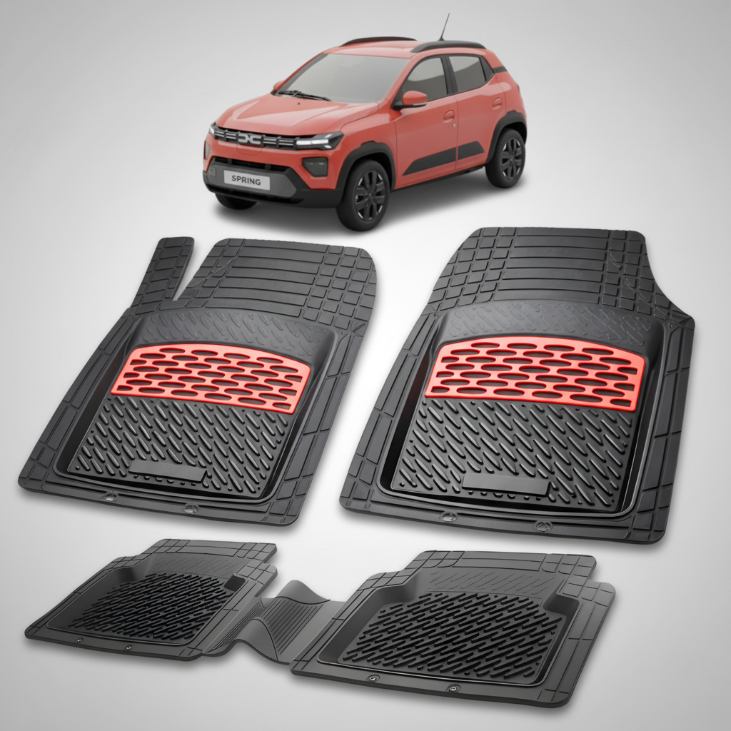 Set of black car floor mats with red accents on a white background, featuring a red SUV.