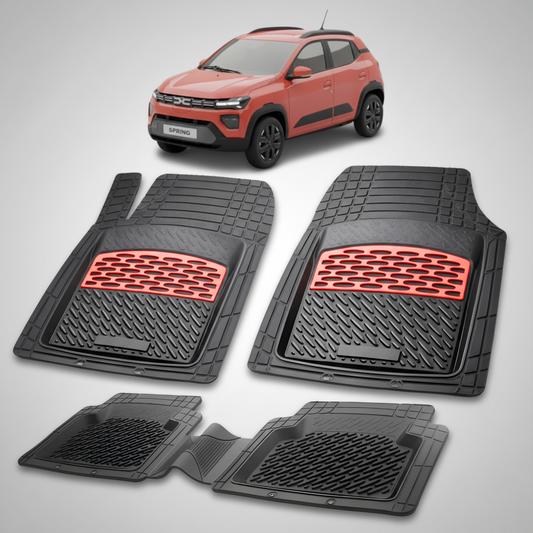 Set of black car floor mats with red accents on a white background, featuring a red SUV.