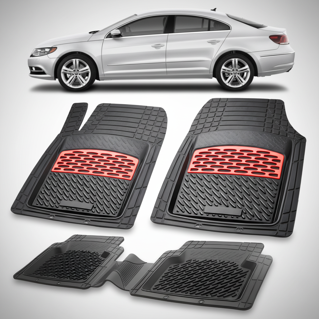 Set of black car floor mats with red accents on a white background, featuring a silver car.