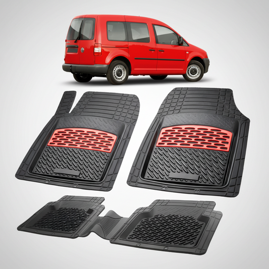 Set of black car floor mats with red accents on a white background, featuring a red van.