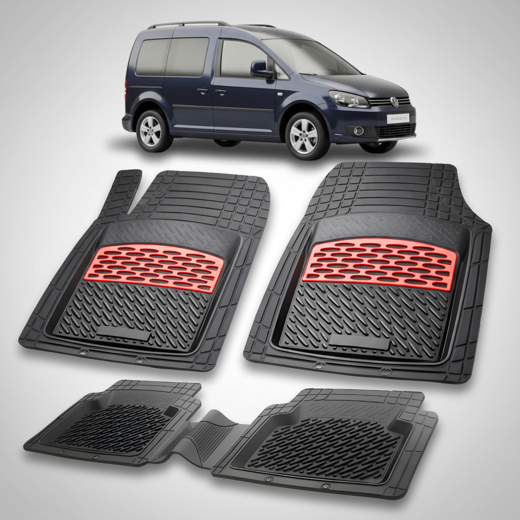 Set of black car floor mats with red accents on a white background, featuring a blue car.