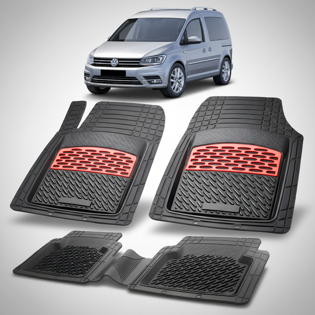Set of black car floor mats with red accents on a white background, featuring a Volkswagen car.
