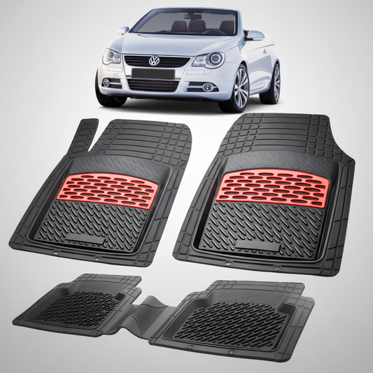 Set of black car floor mats with red accents on a white background, featuring a Volkswagen car.