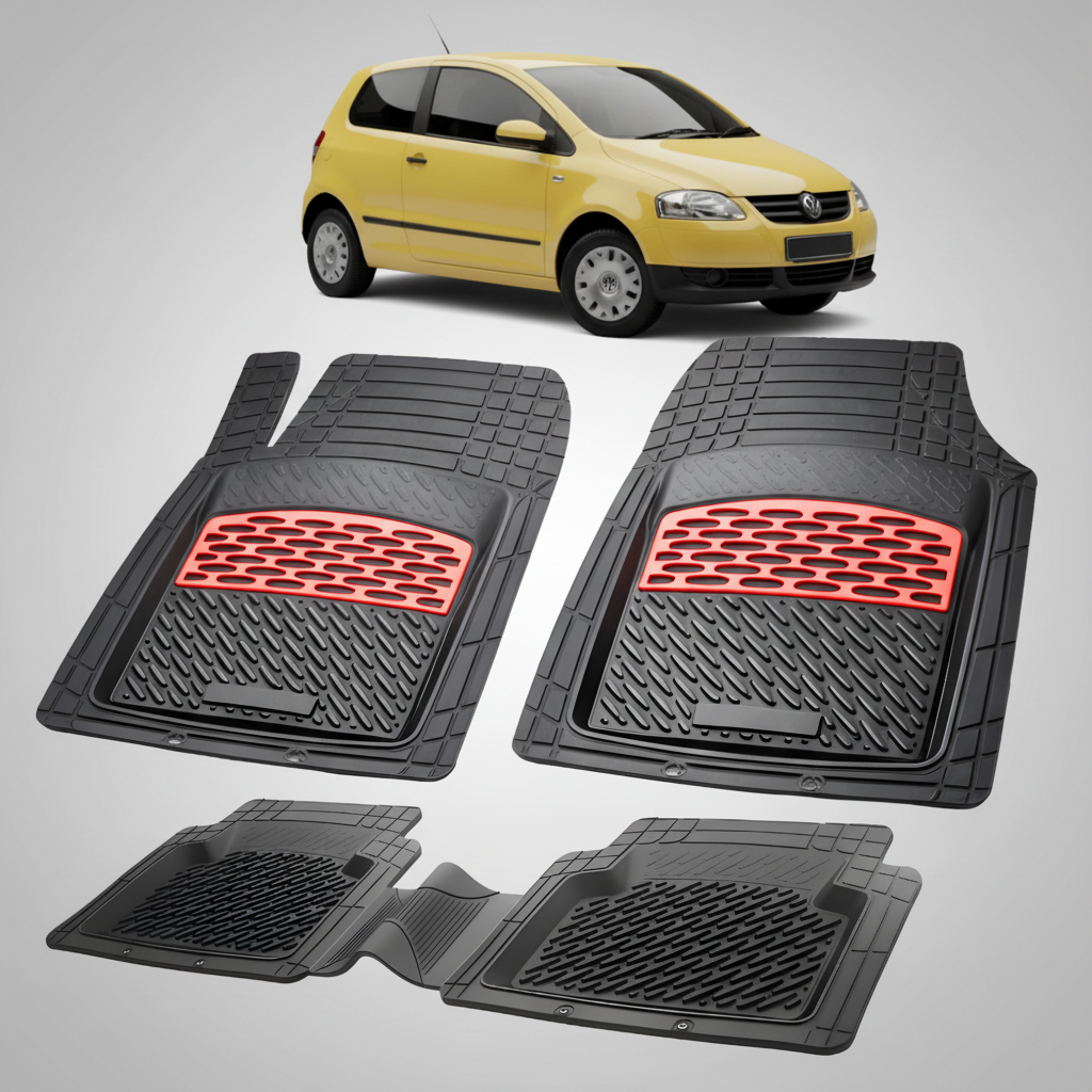 Set of black car floor mats with red accents on a white background, featuring a yellow car.