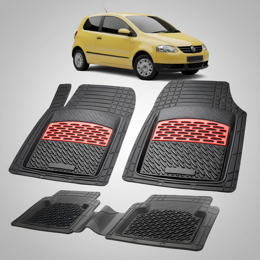 Set of black car floor mats with red accents on a white background, featuring a yellow car.