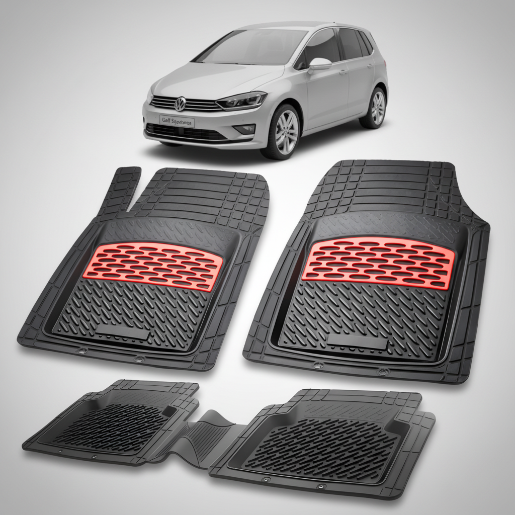 Set of black car floor mats with red accents on a white background, featuring a Volkswagen car.