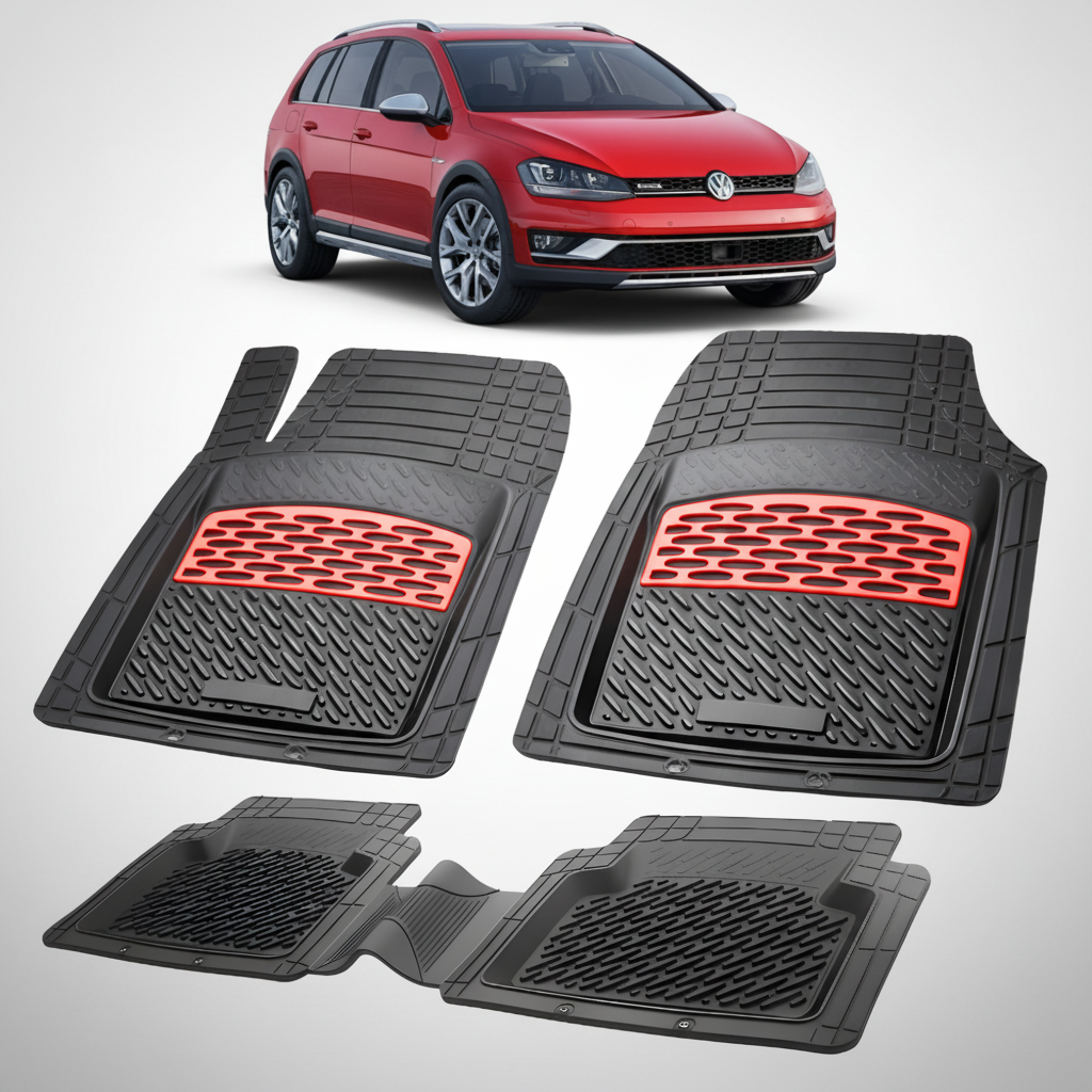 Set of black car floor mats with red accents on a white background, featuring a red Volkswagen car.
