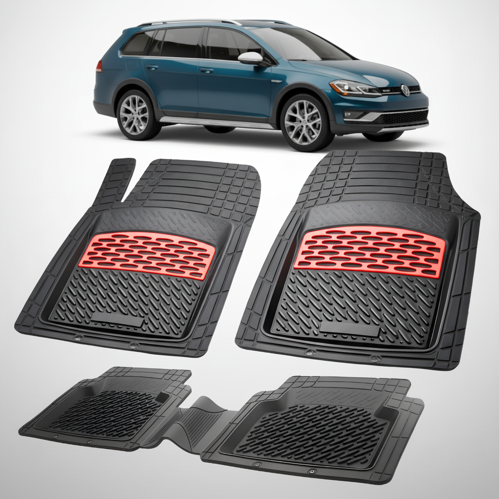 Set of black car floor mats with red accents on a white background, featuring a blue car.