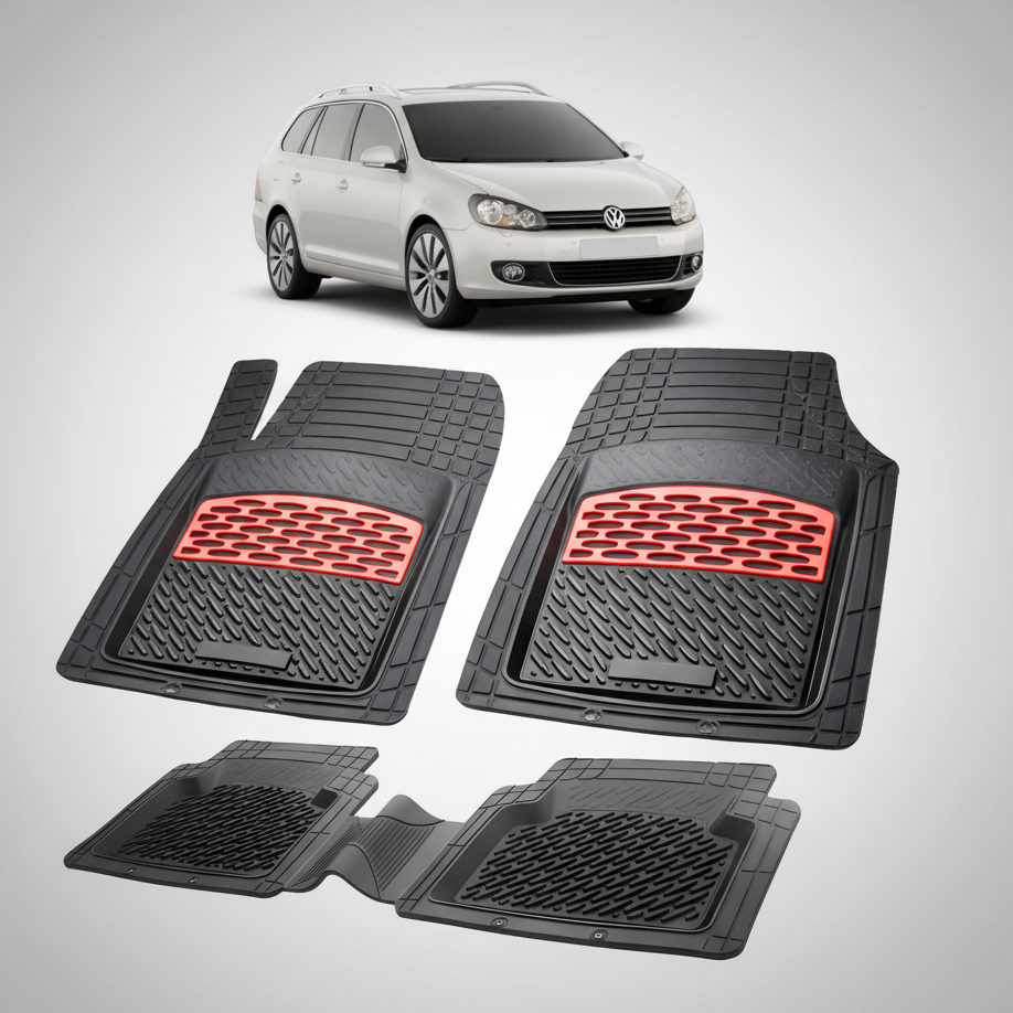 Set of car floor mats with red accents on a white background, featuring a Volkswagen car.
