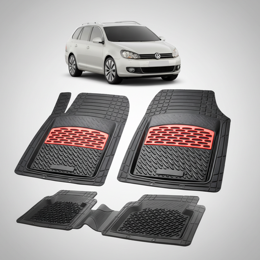 Set of car floor mats with red accents on a white background, featuring a Volkswagen car.