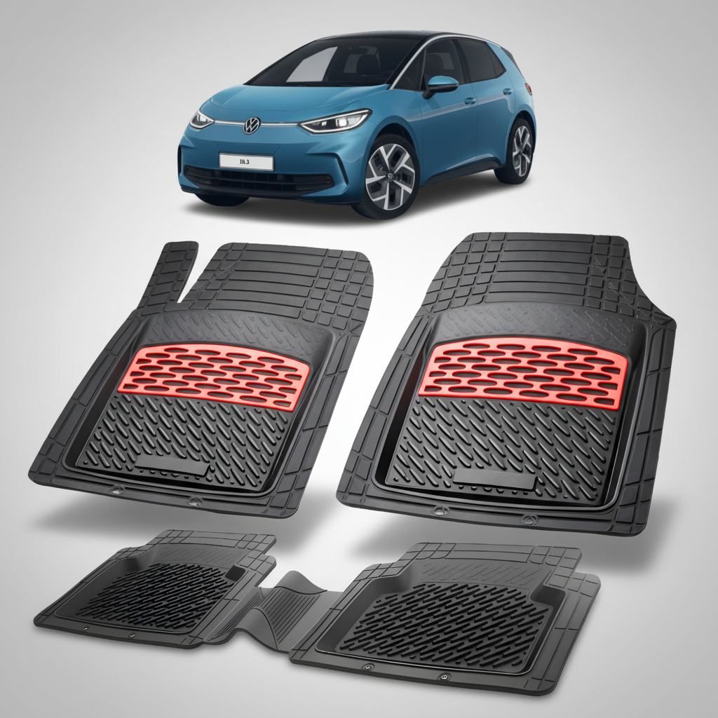 Set of black car floor mats with red accents on a white background, featuring a blue car.