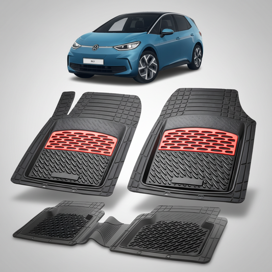 Set of black car floor mats with red accents on a white background, featuring a blue car.