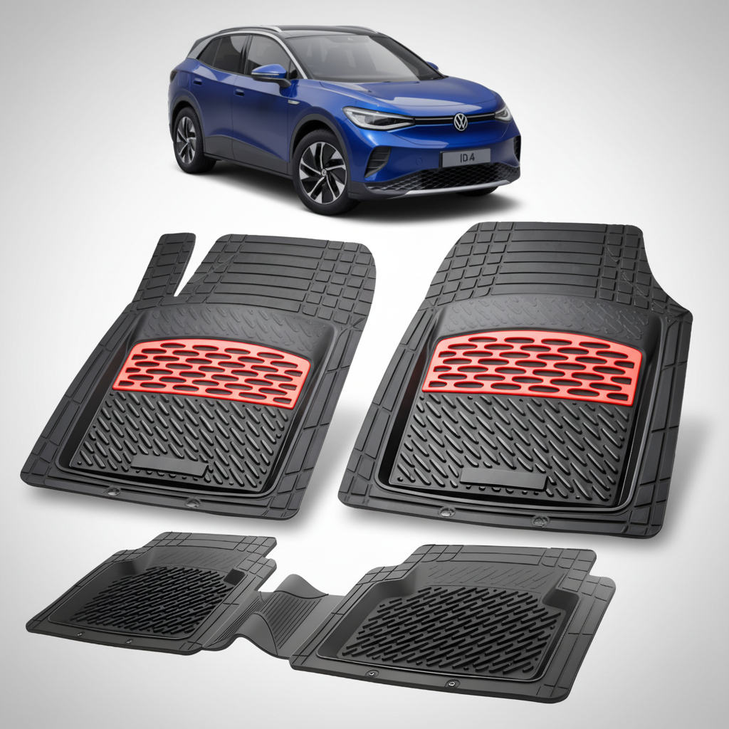 Set of black car floor mats with red accents on a white background, featuring a blue Volkswagen SUV.
