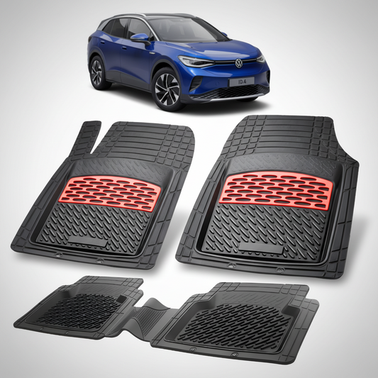 Set of black car floor mats with red accents on a white background, featuring a blue Volkswagen SUV.