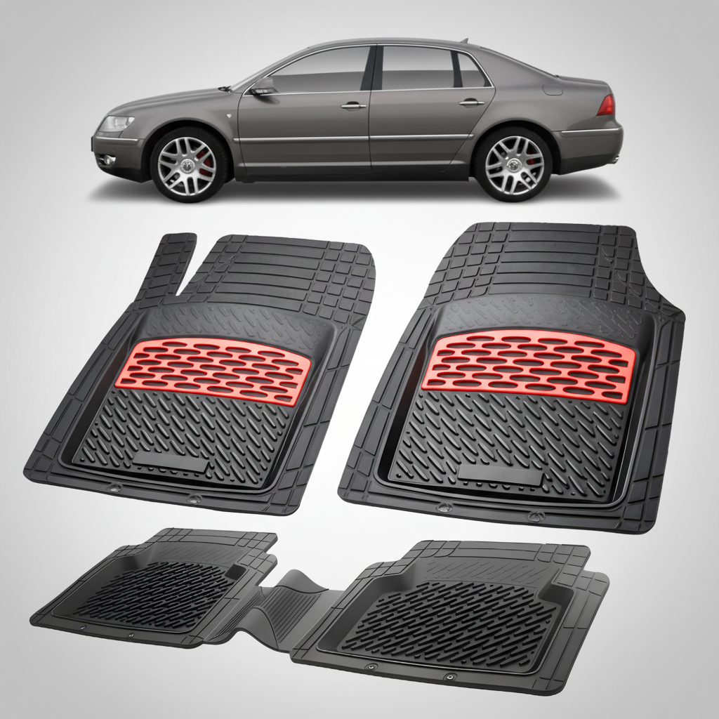 Set of black car floor mats with red accents on a white background, featuring a gray car.
