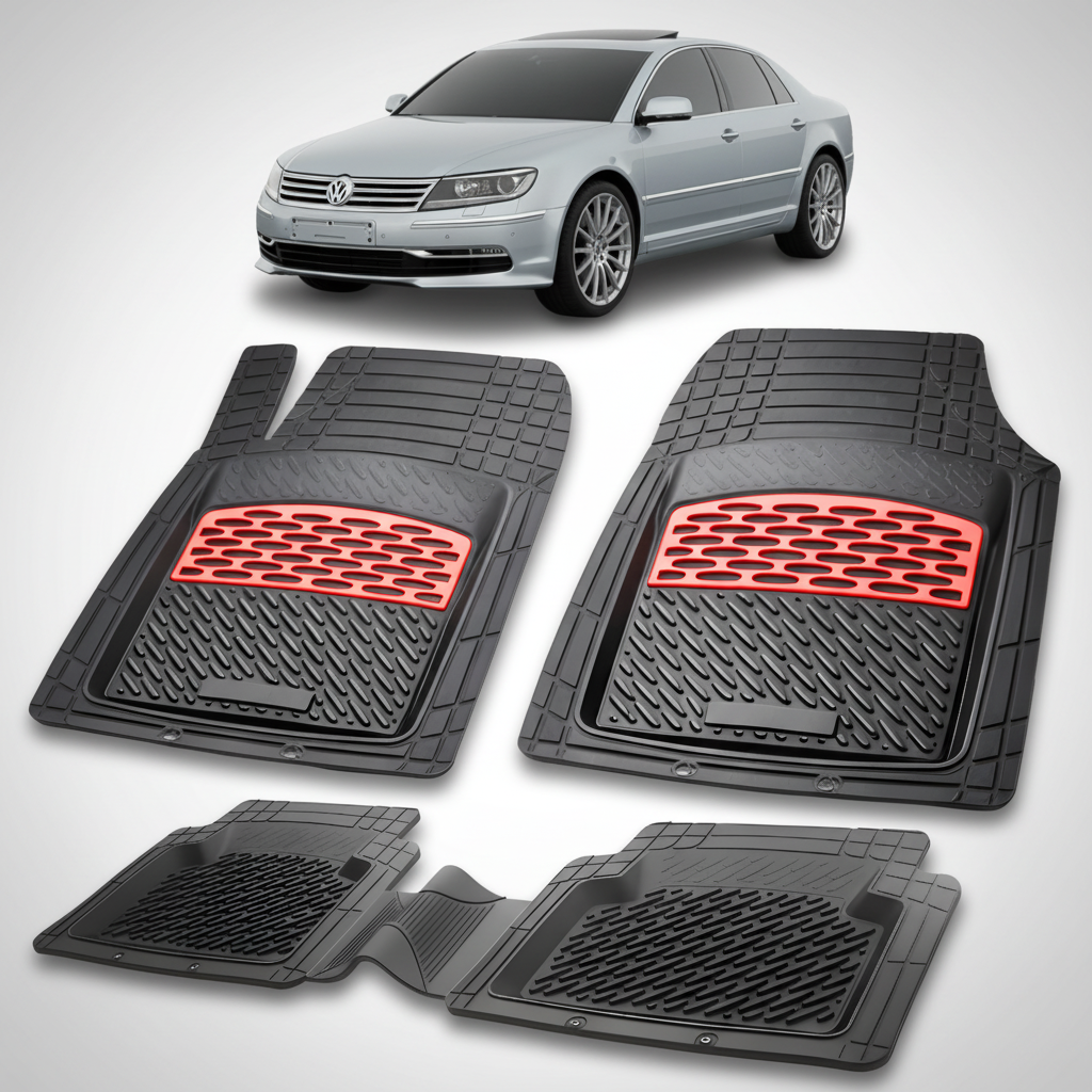 Set of black car floor mats with red accents on a white background, featuring a Volkswagen car.