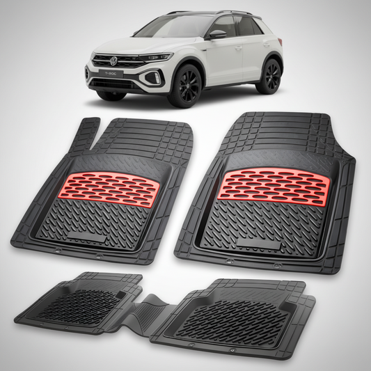 Set of black car floor mats with red accents on a white background, featuring a white SUV.