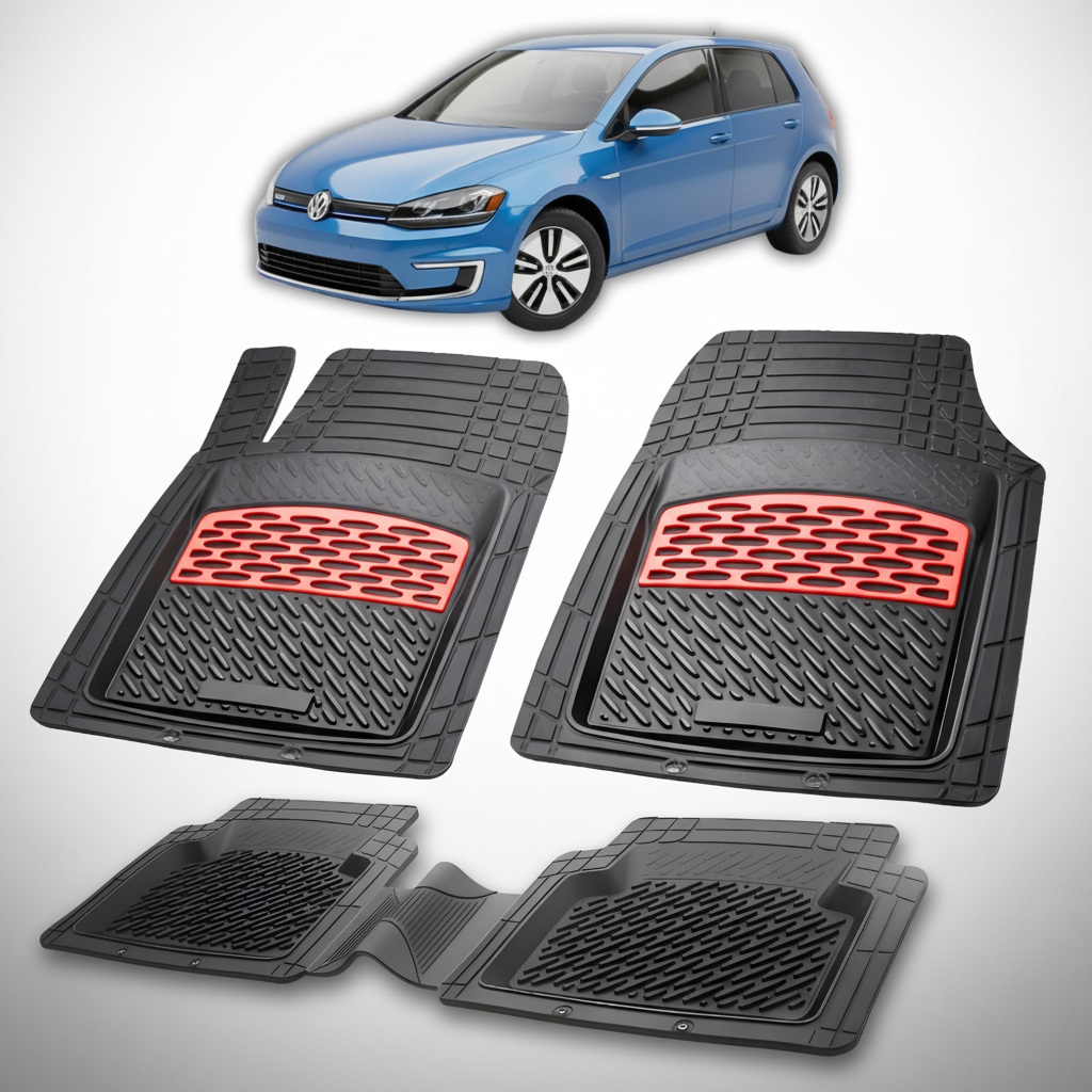 Set of black car floor mats with red accents on a white background, featuring a blue car.