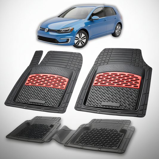 Set of black car floor mats with red accents on a white background, featuring a blue car.