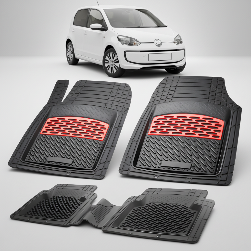 Set of black car mats with red accents on a white background, featuring a small white car.