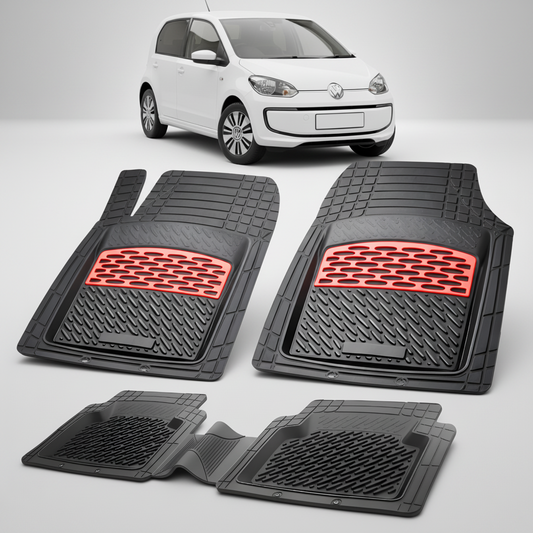Set of black car mats with red accents on a white background, featuring a small white car.
