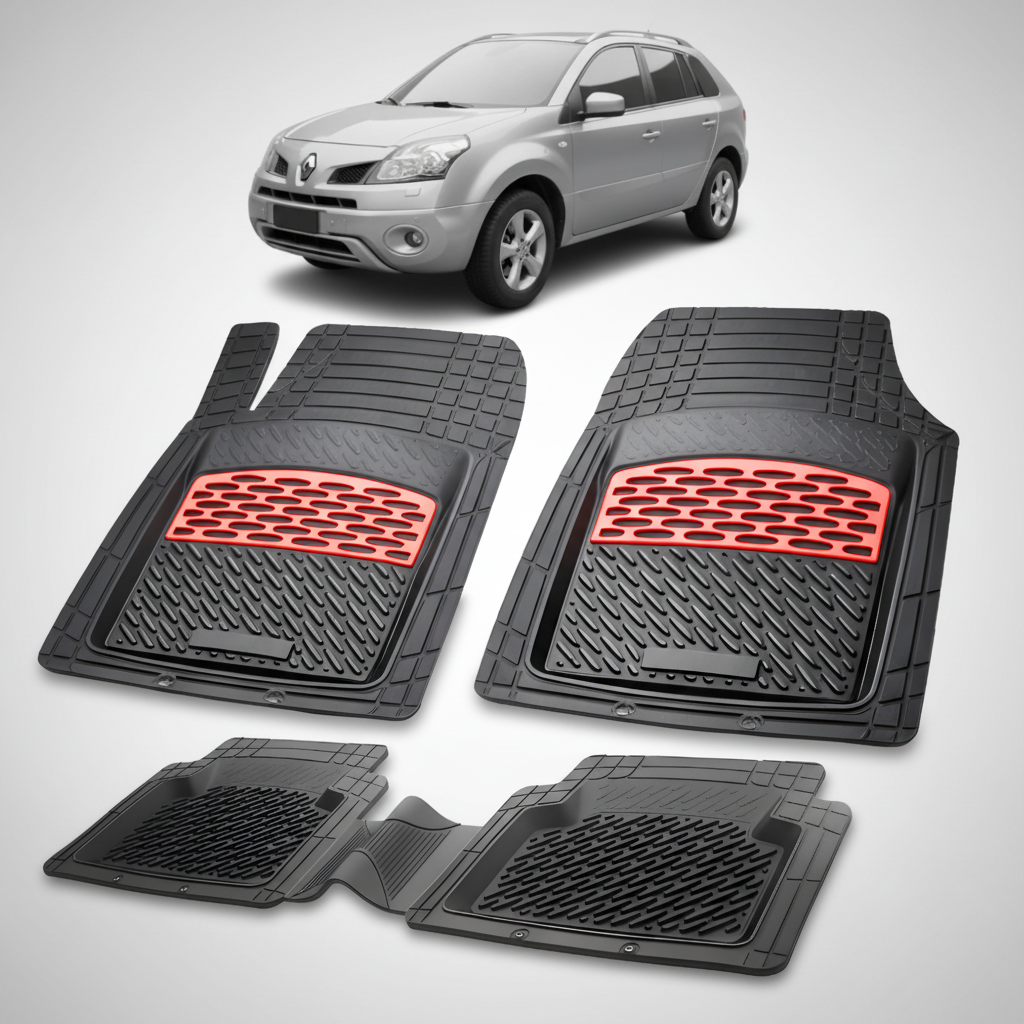 Set of black car floor mats with red accents on a white background, featuring a silver car.
