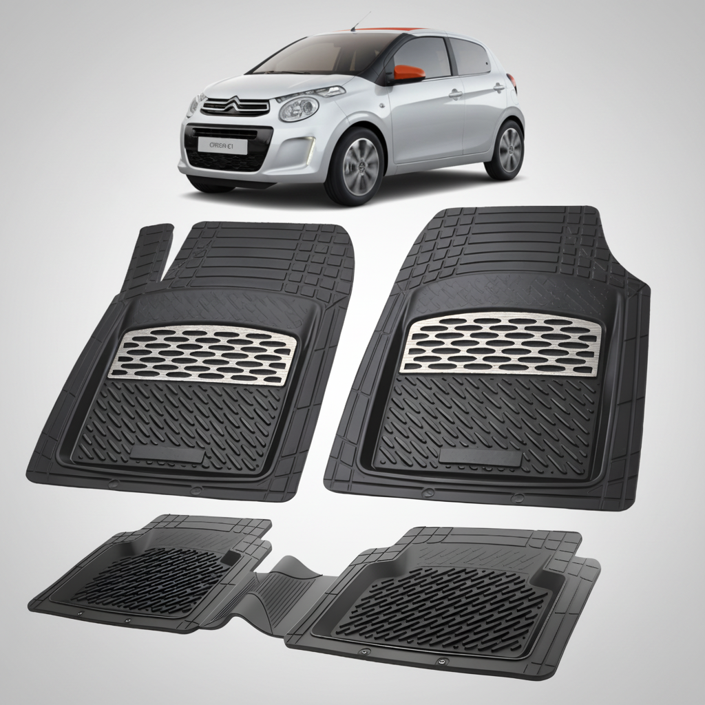 Set of black car floor mats with a car in the background