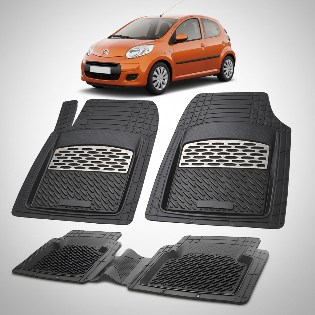 Set of black car floor mats with a small orange car in the corner.