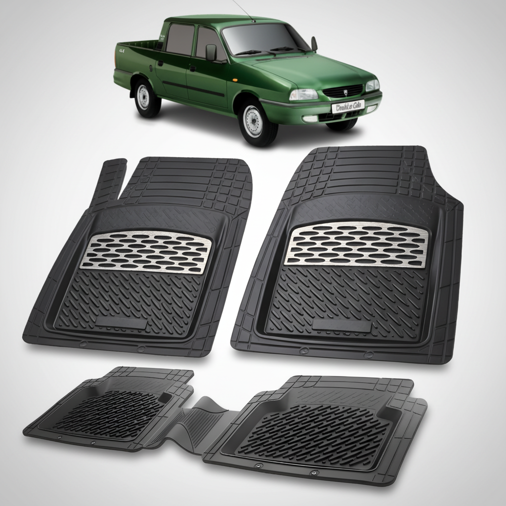 Set of black car floor mats with a green car in the background
