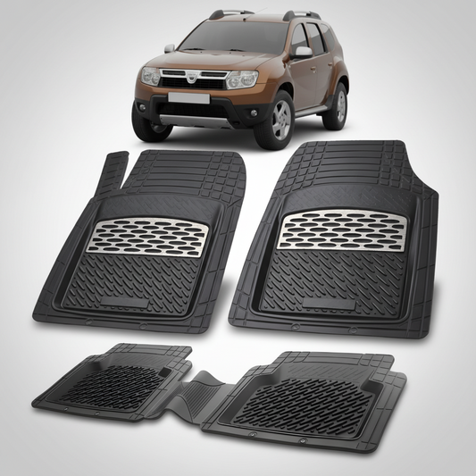 Set of black car floor mats with a vehicle in the background