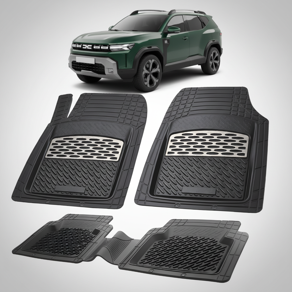 Set of black car floor mats with a green SUV in the background